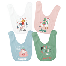 Load image into Gallery viewer, Personalised Christmas Baby Bibs TWIN Pack  - 12 Designs
