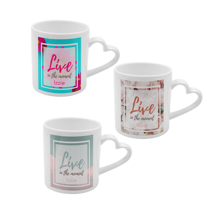 Personalised Mug Heart Handle - Live in the moment